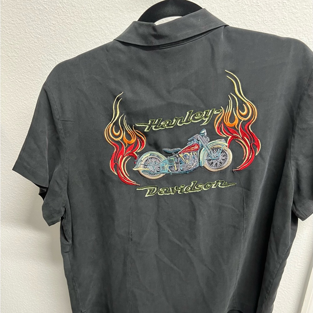 Harley embroidered short sleeve 100% Silk button up shirt